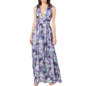 Dress the Population Jaclyn Purple Grey Silver Floral Maxi Dress Fits Like XS/S
